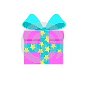 Gift in a pink box with a blue ribbon with a star. Surprise with a beautiful bow. Flat style. For a logo, banner, or