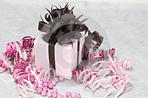 Gift pink box with bow and ribbons