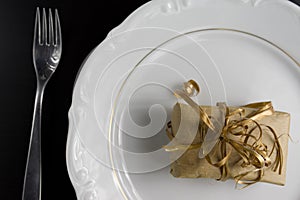 Dinner Setting with Gift. Suprize eating or gift dinner concept