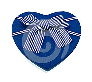 Gift present blue and white heart shape box isolated on white background with clipping path. beauty bow decoration on item propare