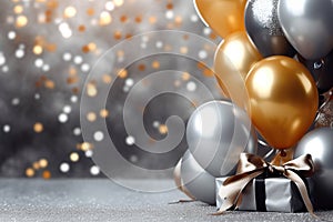 Gift or present with bow and golden and silver gray metallic balloons and confetti on glistering background. Birthday, holiday or