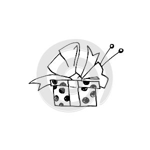 Gift, present box. Doodles, line art, hand drawn. For Christmas, new year, birthday, Valentines day, wedding, holidays