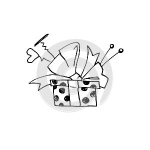 Gift, present box. Doodles, line art, hand drawn. For Christmas, new year, birthday, Valentines day, wedding, holidays