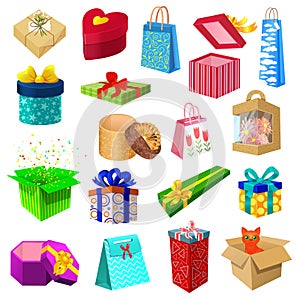 Gift and present boxes with bows and ribbons isolated on white set of vector illustration. Colorful birthday or