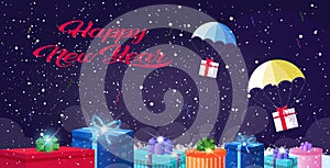Gift present boxes falling down with parachutes merry christmas happy new year air mail express delivery concept