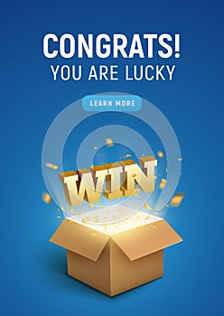 Gift prize box lottery WIN text. Magic box present for winner, enter contest reward. Congratulations