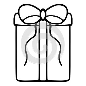 Gift in a rectangular elongated box. The surprise is decorated with a bow with ties. Doodle style