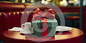 gift with red bow on a diners table, AI generated