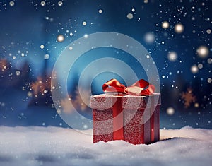 gift red box on blue background. concetto Christmas and New Year. Copy space photo