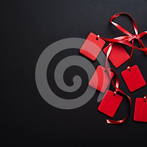 Gift red boxes with labels on a black background. New Year and holiday gifts