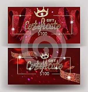 Gift red certificate with beautiful curly ribbon amd golden design elements. photo