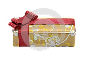 Gift with red ribbon and bow isolated on white