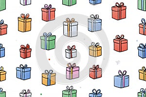 Gift reveal. Seamless pattern. Bright gift boxes. Hand drawn. Minimalist style