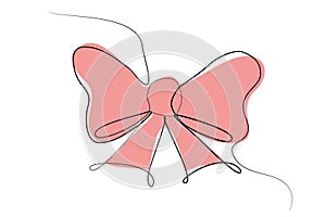 Gift ribbon bow in continuous line drawing. Simple line sketch with red isolated on white background. Line art style vector