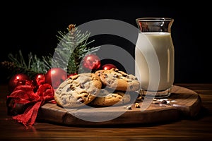 A gift for Santa Claus. A glass of milk cookies with chocolate on a red napkin on the table. Waiting for a miracle in