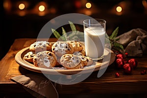 A gift for Santa Claus. A glass of milk cookies with chocolate on a red napkin on the table. Waiting for a miracle in