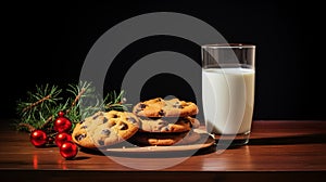 A gift for Santa Claus. A glass of milk cookies with chocolate on a red napkin on the table. Waiting for a miracle in