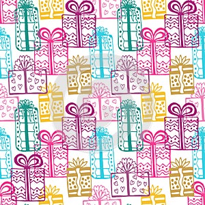 Gift seamless pattern. Seamless happy birthday colorful pattern. Texture with gift-box