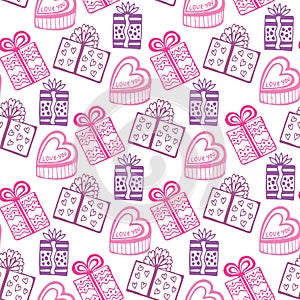 Gift seamless pattern. Seamless happy birthday or valentine pattern. Texture with pink gift-box