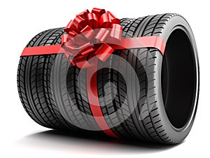 Gift set of tires wrapped ribbon and bow