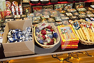 Gift shop of russian craft festival, Moscow city day, 2013.