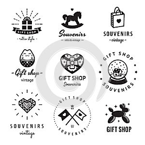 Gift shop and souvenirs logo vintage vector set. Hipster and retro style.