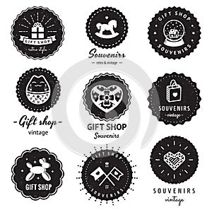 Gift shop and souvenirs logo vintage vector set. Hipster and retro style.