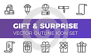Gift and Surprise icons set, outline style