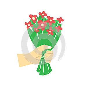 Gift symbol - vector flat line style illustration with hand holding bouquet of flowers.