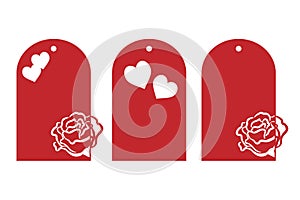 Gift tags with cut out silhouette of rose and heart. Wedding, Valentine`s Day