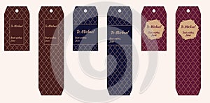 Gift tags with Moroccan pattern in brow brown, blue, dark red with beige ornament and place for text.