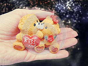 gift teddy bears fiancee bride in hand valentine`s day love