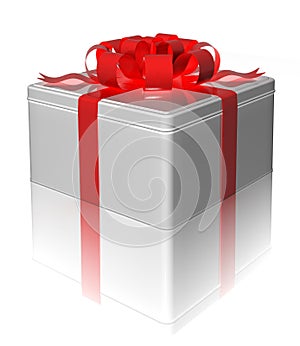 Gift tin box with a red ribbon. 3d render