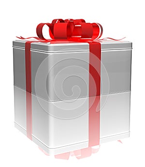 Gift tin box with a red ribbon. 3d render
