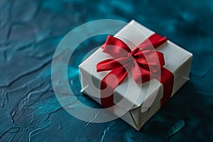 A gift for Valentine\'s Day. A white box is wrapped and tied with a red bow. The image is generated with the use of an AI.