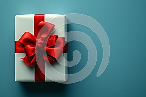 A gift for Valentine\'s Day. A white box is wrapped and tied with a red bow. The image is generated with the use of an AI.