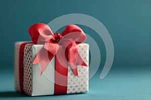 A gift for Valentine\'s Day. A white box is wrapped and tied with a red bow. The image is generated with the use of an AI.