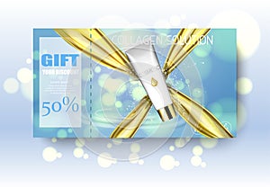 Gift vaucher cosmetics. Discount poster. Package design template. Ads realistic illustration 3d. photo