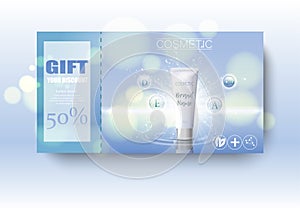 Gift vaucher cosmetics. Discount poster. Package design template. Ads realistic illustration 3d. photo