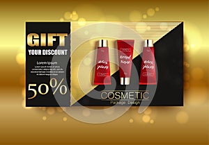 Gift vaucher cosmetics. Discount poster. Package design template. Ads realistic illustration 3d. photo