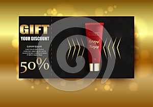 Gift vaucher cosmetics. Discount poster. Package design template. Ads realistic illustration 3d. photo