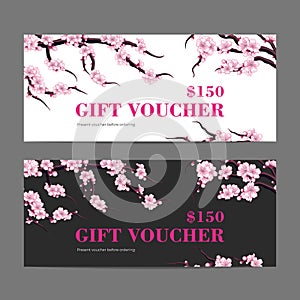 Gift voucher card. Discount coupon template. Certificate with blooming sakura branches. Floral invitation tag