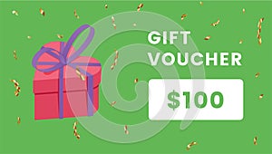 Gift voucher card vector color template. Holiday certificate, Birthday coupon with isometric gift box on green