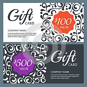 Gift voucher card, vector template with floral background.