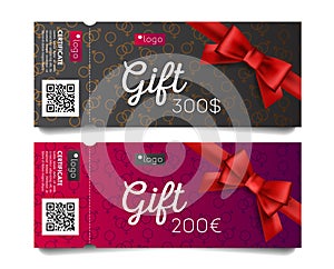 Gift voucher certificate with red bow and gender pattern of male and female symbols