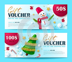 Gift voucher for Christmas and New Year sale.Vector illustration with snowman, Rowan, gold stars, snowballs,and