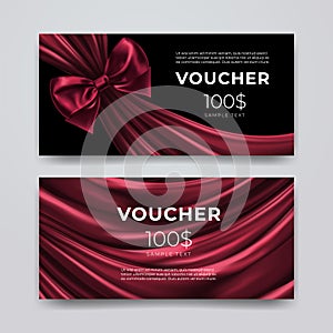 Gift voucher design template. Set of premium promotional card with realistic dark red bow and silk isolated on black background.