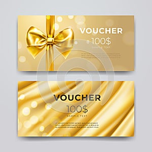 Gift voucher design template. Set of premium promotional card with realistic golden bow, ribbon and silk isolated on bokeh