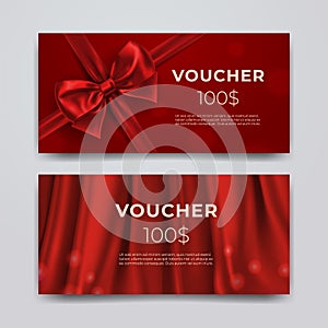 Gift voucher design template. Set of premium promotional card with realistic red bow, ribbon and silk isolated on bokeh