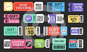 Gift voucher set. Retro vintage raffle stickers with offer code, discount code, free ticket, offer banner and UI